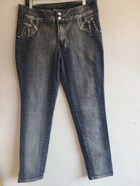 Women's 16 (34" waist) Jack David jeans slim straight dark distressed gem accent